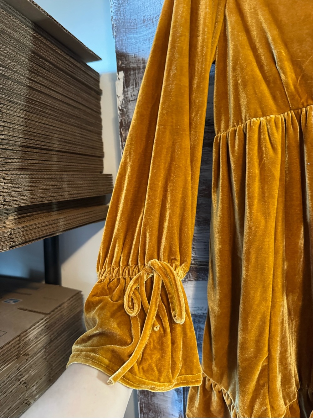 Velvet (faux) V-Neck Long-Sleeve Dress in Mustard - Picture 3 of 9